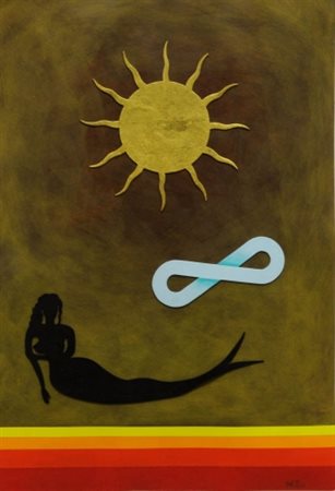 LUCIO DEL PEZZO 1933 " Sole e sirena ", 2003 Acrilico, foglia oro e collage...