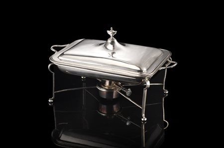 Scaldavivande con coperchio e vaschette in argento a corpo liscio, montanti sag