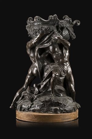 Arte del secolo XIX. Fioriera in bronzo con vasca di forma mossa decorata a ghi