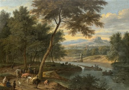 Adriaen Frans Boudewyns (attr.)

Paesaggio fluviale con figure
Olio su tavola, c