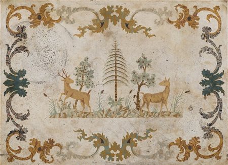 Tavolo da centro lastronato in mogano e piuma di mogano. Piano in scagliola dec