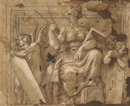 Scuola del secolo XVI

Allegoria della geometria
Penna e inchiostro bruno con r