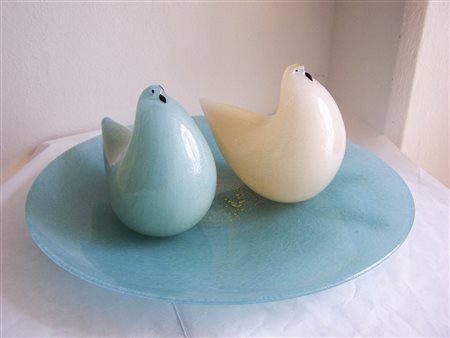 Barovier e Toso Piatto e due colombe;in vetro di Murano acquamarina e foglia...