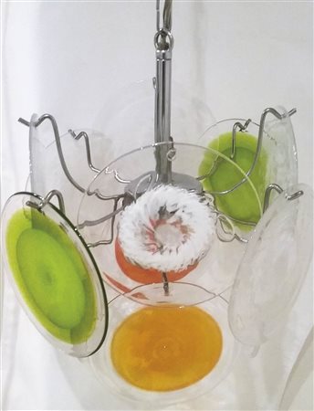 Vistosi Lampada sopensione a tre luci , Anni ‘60; in metallo e moduli in...