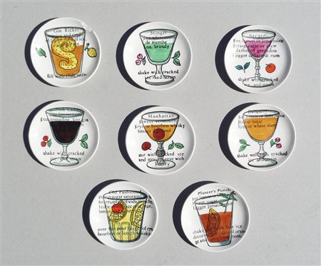 Piero Fornasetti Set di 8 sottobicchieri "Cocktails", Anni '50;Porcellana...