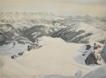 Eduard Tenschert Panorama invernale in valle Brixental, 1972;Acquerello, 46 x...