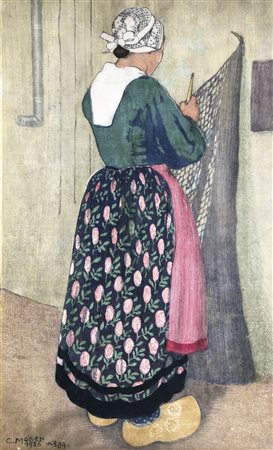 Carl Moser (Bozen/Bolzano 1873 – 1939) Ragazza bretone che cuce le reti,...