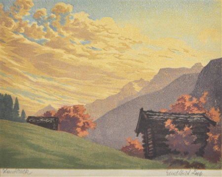 Engelbert Lap (Graz 1886 - Innsbruck 1970) Autunno in montagna;Xilografia a...