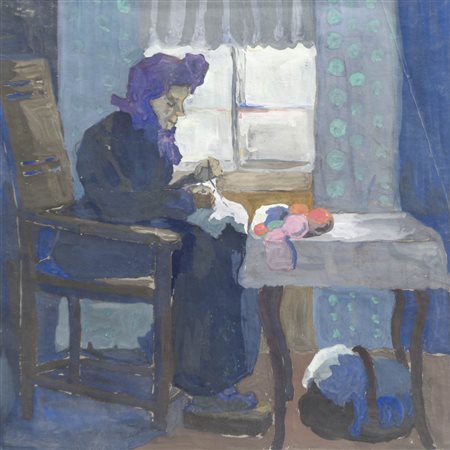 Anni Egösi (Meran/Merano 1894 – 1954) Signora che lavora a maglia;Tempera,...