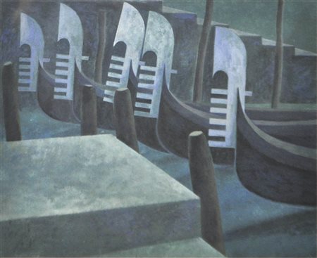 Oswald Haller (Hall in Tirol 1908 – Innsbruck 1989) Gondole a Venezia;Tempera...