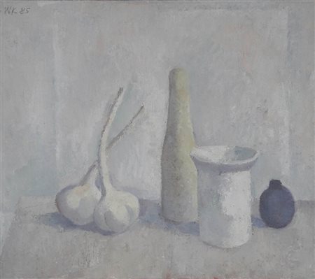 Wilfried Kirschl Natura morta con aglio, 1985;Olio su tela, 43 x 50 cm...