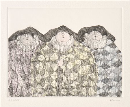 Paul Flora (Glurns/Glorenza 1922 – Innsbruck 2003) Tre pagliacci;Acquaforte...