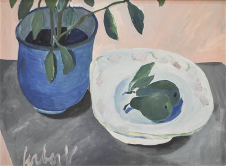 Veronika Gerber (* Hall in Tirol 1958) Natura morta con fruttiera;Olio su...