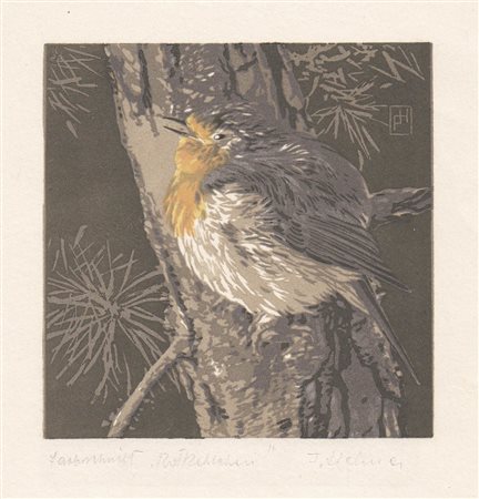 Franz Helmer (Lienz 1909 – Innsbruck 1990) Pettirosso;Xilografia a colori, 11...