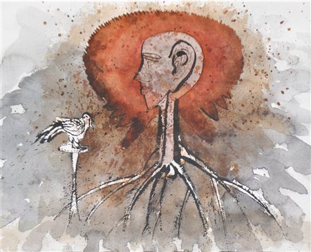 Erwin Reheis (* Zams, Tirol 1941) Figura e uccello, 2002;Acquerello, 24 x 30...