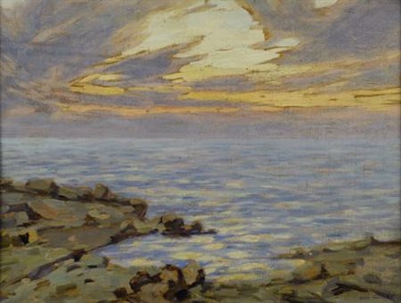 Gino Romiti (Livorno, 1881 - 1967) Marina al tramonto, 1917 Olio su tavola,...