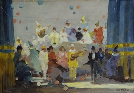 Renato Natali (Livorno, 1883 - 1979) Mascherata Olio su compensato, cm. 35x50...