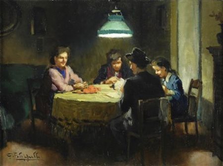 Cafiero Filippelli (Livorno, 1889 - 1973) Scena di interno Olio su faesite,...