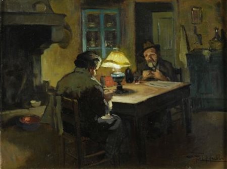 Cafiero Filippelli (Livorno, 1889 - 1973) Scena di interno Olio su faesite,...