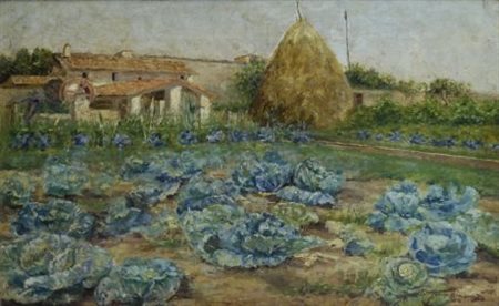 Adolfo Tommasi (Livorno, 1851 - 1933) Orto con cavoli Olio su tela, cm. 35x56...
