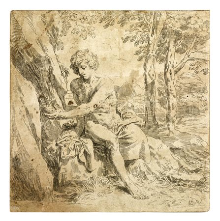 Simone Cantarini (1612 - 1648) SAN GIOVANNI BATTISTA NEL DESERTO acquaforte,...