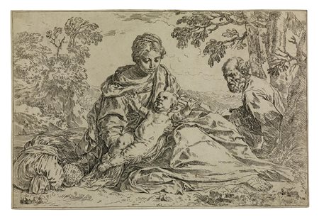 Simone Cantarini (1612 - 1648) RIPOSO NELLA FUGA IN EGITTO acquaforte, cm...