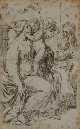 Simone Cantarini (1612 - 1648) SACRA FAMIGLIA CON SAN GIOVANNINO acquaforte,...