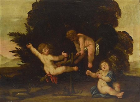 Scuola Emiliana del XVII secolo FANCIULLI AL GIOCO olio su tavola, cm 24,5x33...