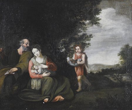 Scuola Emiliana del XVI secolo FUGA IN EGITTO olio su tela, cm 60x80