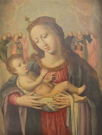 Scuola del XVIII secolo MADONNA CON BAMBINO olio su tavola, cm 67x51,5
