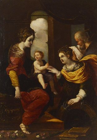 Scuola del XVII secolo MATRIMONIO MISTICO DI SANTA CATERINA olio su tela, cm...