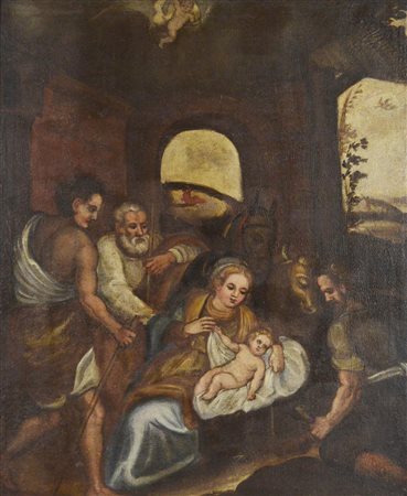 Scuola dell'Italia Centrale del XVI secolo NATIVITA' Olio su tela, cm 74x59,5