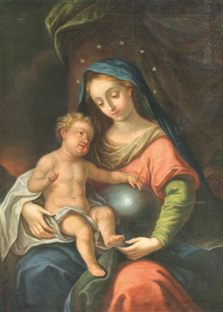 Scuola Emiliana del XVIII secolo MADONNA CON BAMBINO olio su tela, cm 105x74