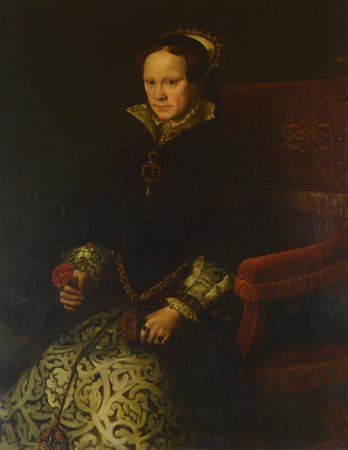 Scuola del XIX secolo RITRATTO DI MARIA I TUDOR olio su tela, cm 109x85...