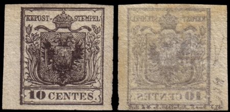 LOMBARDO-VENETO 1850/1854
10c. nero carbone, carta a mano con evidente decalco