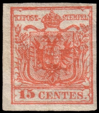 LOMBARDO-VENETO 1850/1854
15c. rosso vivo III tipo, carta a mano

Provenienza
C