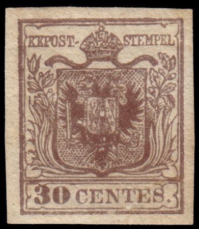 LOMBARDO-VENETO 1850/1854
30c. bruno grigiastro I tipo, carta a mano

Provenien