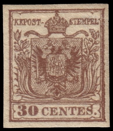 LOMBARDO-VENETO 1854/1857
30c. bruno scuro II tipo, carta a mano con frammenti