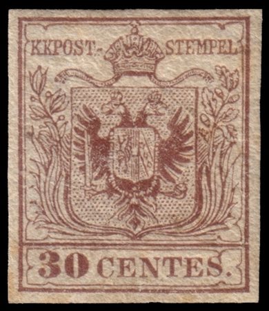LOMBARDO-VENETO 1850/1854
30c. bruno lillaceo II tipo, carta a mano

Provenienz