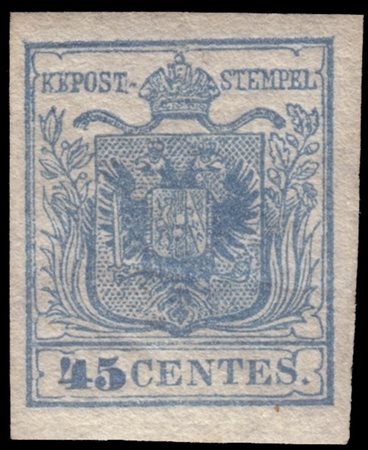 LOMBARDO-VENETO 1850/1854
45c. azzurro I tipo, carta a mano

Provenienza
Collez