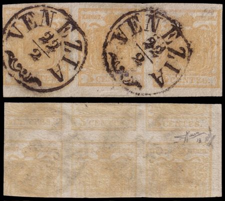 LOMBARDO-VENETO 1851
5c. giallo ocra, striscia orizzontale di tre con stampa re