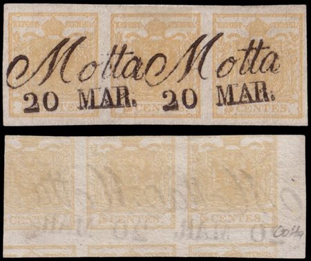 LOMBARDO-VENETO 1851
5c. giallo ocra, striscia orizzontale di 3 con stampa rect