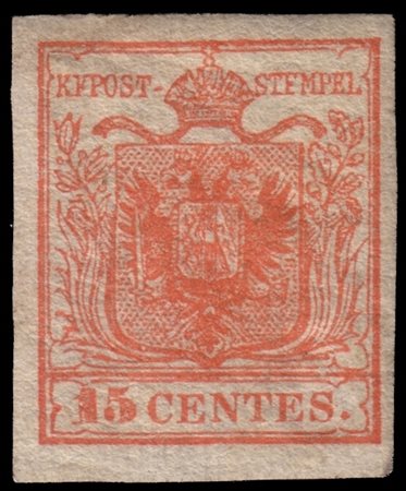 LOMBARDO-VENETO 1854/1857
15c. rosso vermiglio I tipo, carta a coste verticali