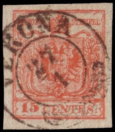 LOMBARDO-VENETO 1852
15c. rosso II tipo, carta vergata verticalmente, usato a V