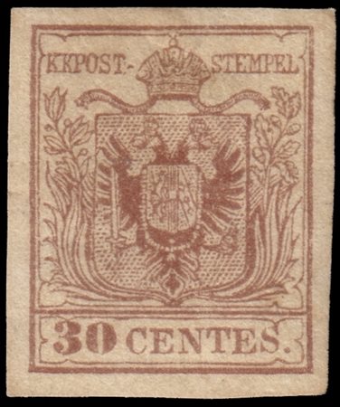 LOMBARDO-VENETO 1854/1857
30c. bruno rossiccio II tipo, carta a macchina

Prove