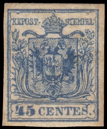 LOMBARDO-VENETO 1854/1857
45c. azzurro III tipo, carta a macchina

Provenienza