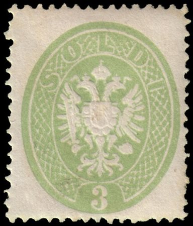 LOMBARDO-VENETO 1863
3s. verde D.14

Provenienza
Collezione "Nimue"


Cert. G.