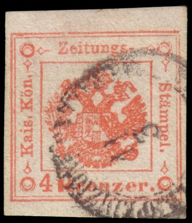 LOMBARDO-VENETO 1858
Segnatasse giornali. 4kr. rosso smorto, I tipo
Uno dei mig
