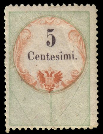 LOMBARDO-VENETO 1854
Marche da bollo. Caratteri tipografici. 5c. verde, bruno a