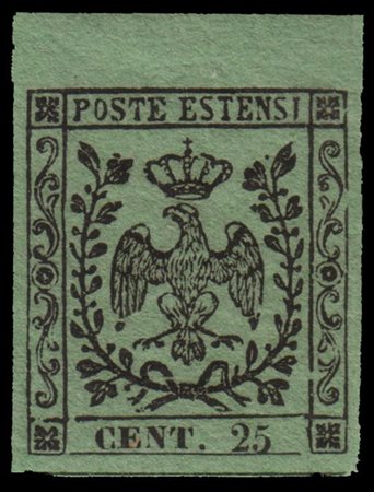 MODENA 1852
Varietà. 25c. verde, errore di colore, bordo di foglio superiore

P